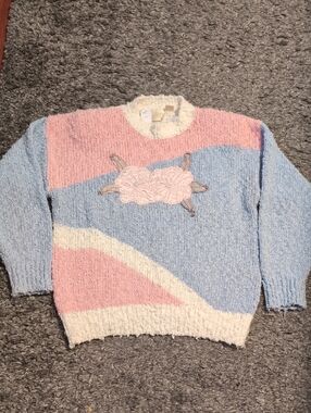 Cozy Colorblock Floral Applique Women's Sweater - Pink, Blue & Cream